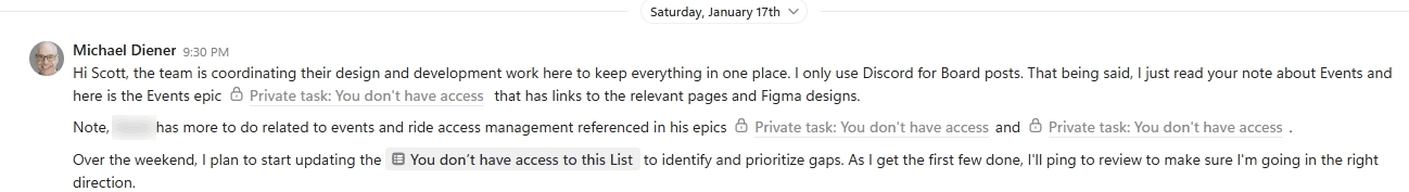 Michael Diener to Scott, Jan 17 2026: links into the team’s workspace, as Scott sees them now