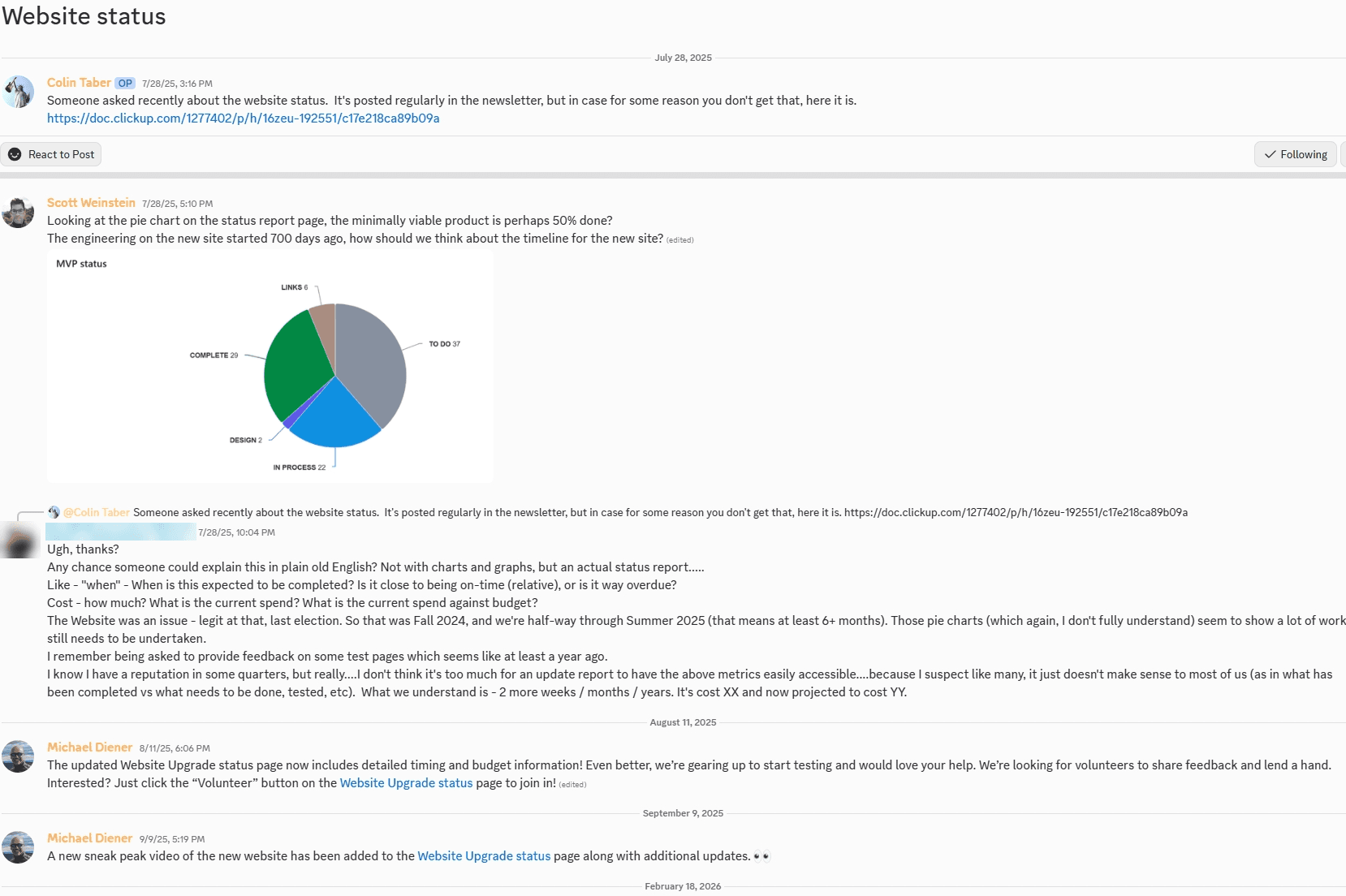 The “Website status” thread, Jul 28 to Sep 9 2025