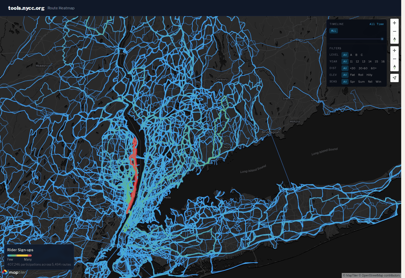 The ten-year ride heatmap on tools.nycc.org