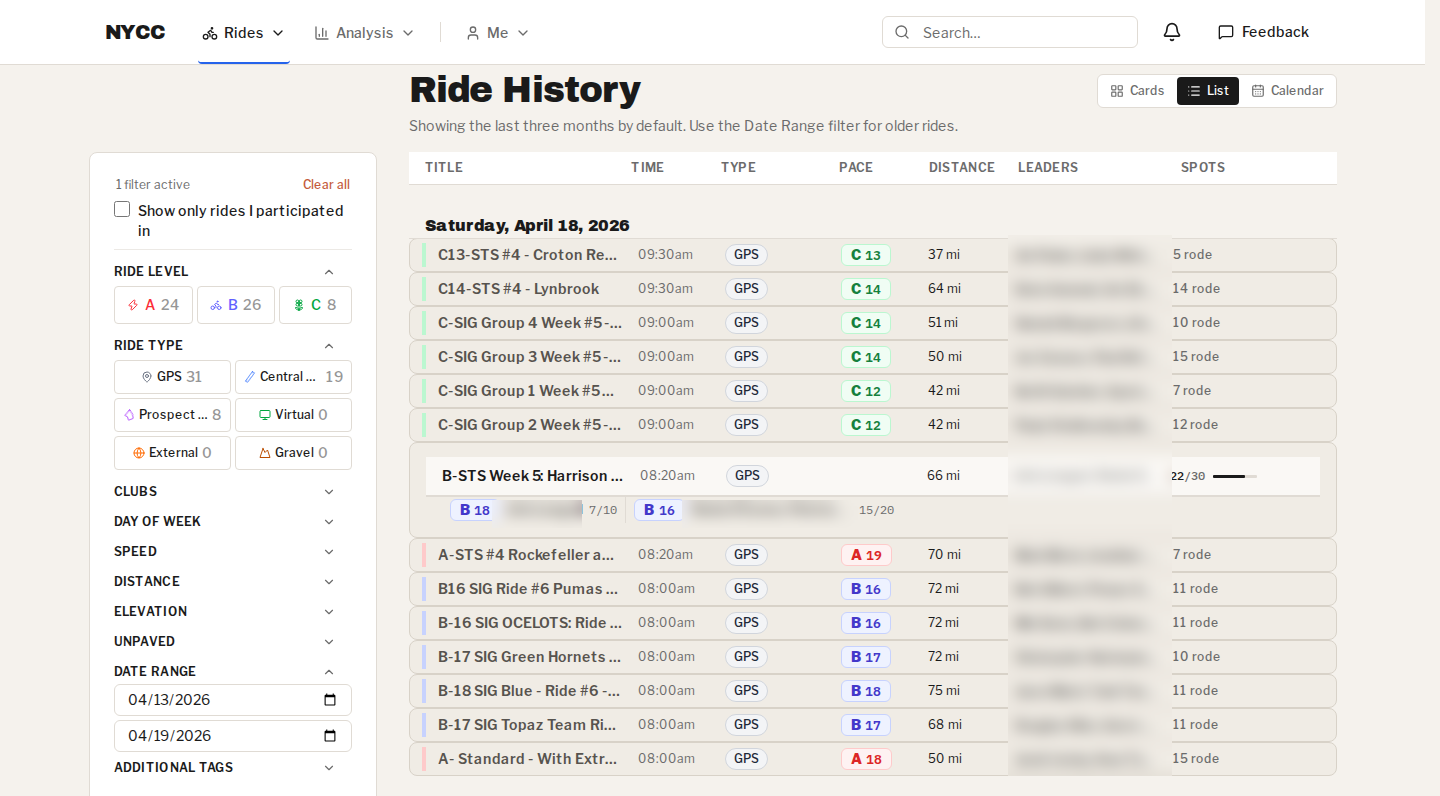 The ride history list, filtered to one week